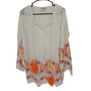 1st Sight Size Medium Womens Tunic Top Floral Embroidered Tassel Tie Boho Hippie